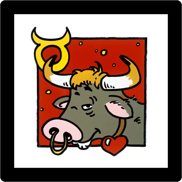 Taurus. Artwork and astrological symbol (upper left) representing Taurus the Bull 