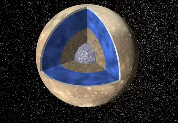 Computer art of Ganymede cut away to show interior