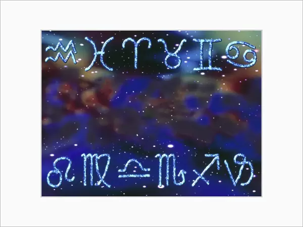 Artwork of zodiac signs on space nebula background