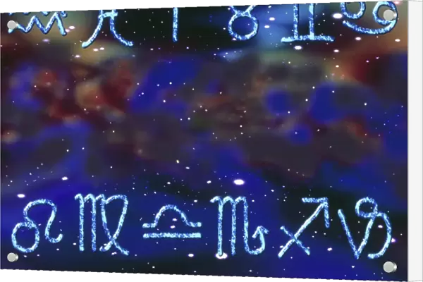 Artwork of zodiac signs on space nebula background