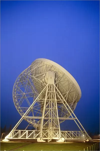 Evening view of floodlit Mark1A radio telescope