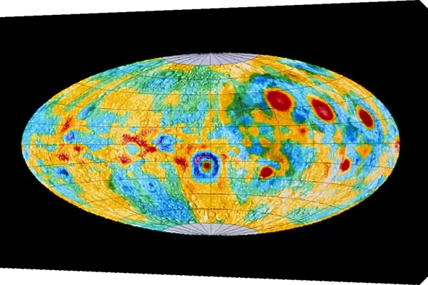 Gravity anomaly map of moon, Mollweide projection