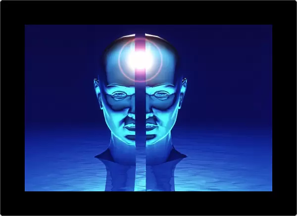 Idea. Conceptual computer artwork of a light glow inside a split human head