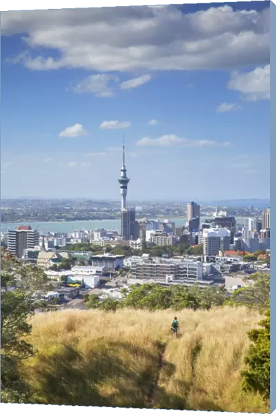 View of Auckland with man hiking on Mount Eden, Auckland, North Island, New Zealand, Pacific