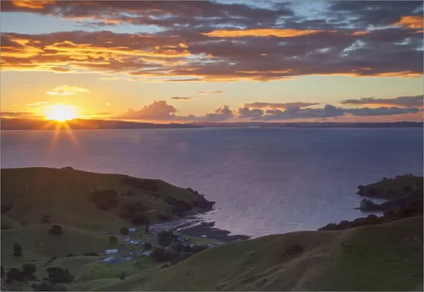 View of Kirita Bay and Firth of Thames at sunset, Coromandel Peninsula, Waikato, North Island, New Zealand, Pacific