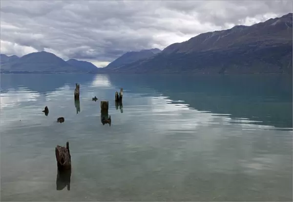 Old pier posts on Lake Wakatipu, Glenorchy, Otago, South Island, New Zealand, Pacific