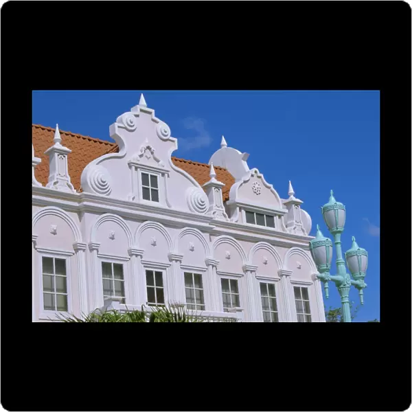 Pastel facade of mock Dutch colonial building, Oranjestad, Aruba, Antilles