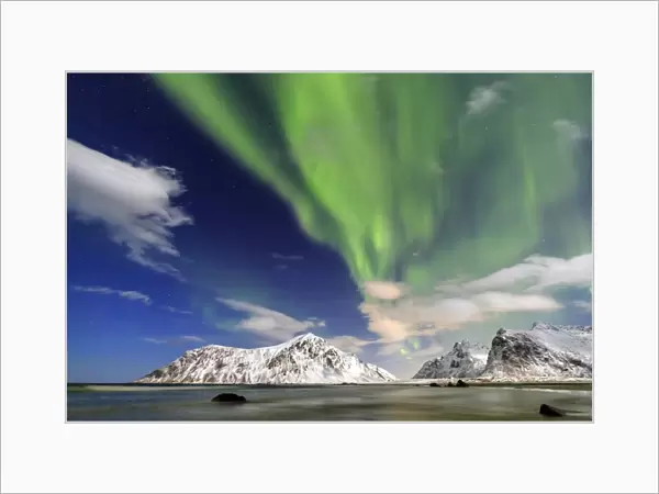Northern Lights (aurora borealis) on Skagsanden sky, Lofoten Islands, Arctic, Norway