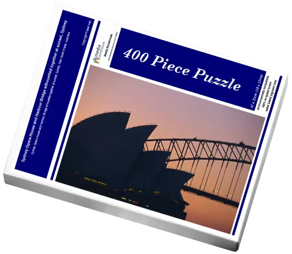 Sydney Opera House and Harbour Bridge silhouetted together at sunset, Sydney