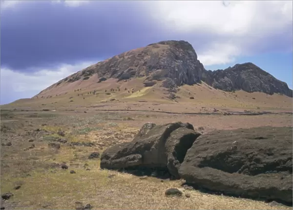 Birthplace of the moai, with numerous heads left on slopes, Volcan Rano Raraku