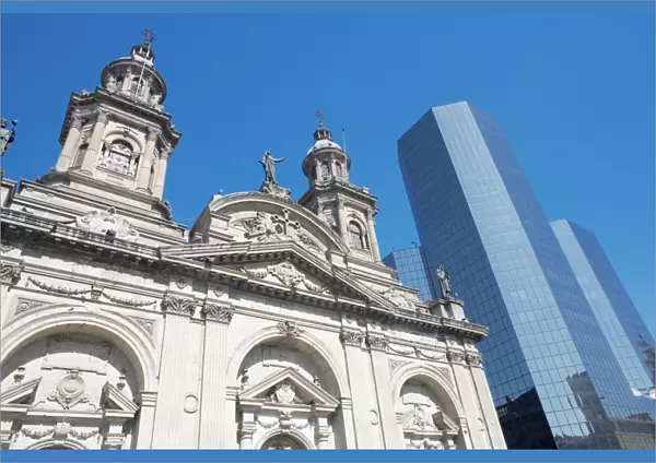Metropolitan Cathedral and downtown modern building, Plaza de Armas, Santiago de Chile