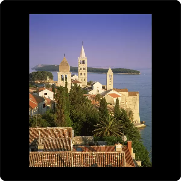 Elevated view of the medieval Rab Bell Towers and town, Rab Town, Rab Island