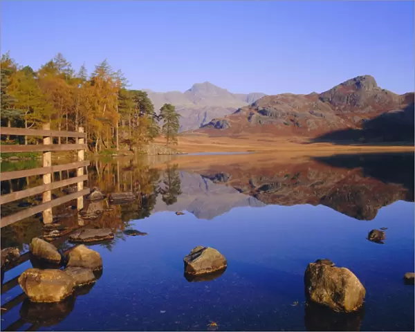 View across Blea Tarn to Langdale Pikes, Lake District, Cumbria, England