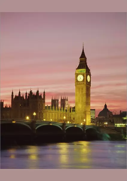 The River Thames, Westminster Bridge, Big Ben and the Houses of Parliament in the evening