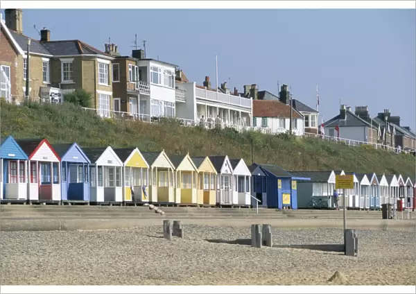 Beach huts on the seafront of the resort town of Southwold, Suffolk, England
