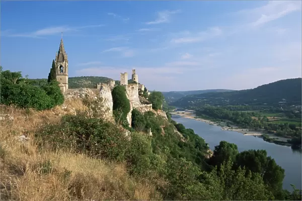 Church and castle overlooking Ardeche River, Aigueze, Gard, Languedoc-Roussillon