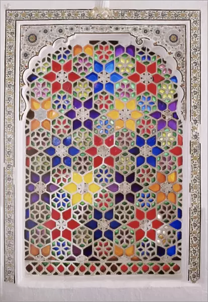 Coloured glass Jali in hallway within the palace