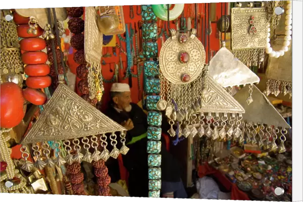 Close up of traditional metal jewellery in handicraft shop