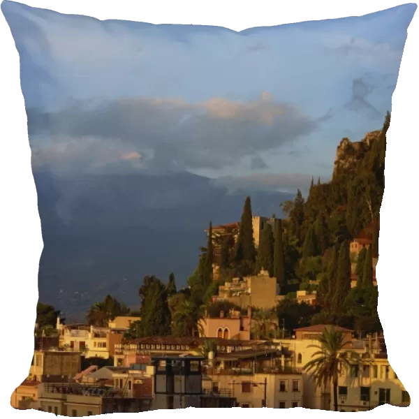 Aerial view over town of Taormina at dusk