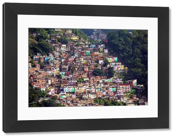 View of the Santa Marta favela (slum community) showing the funicular railway, Rio de Janeiro