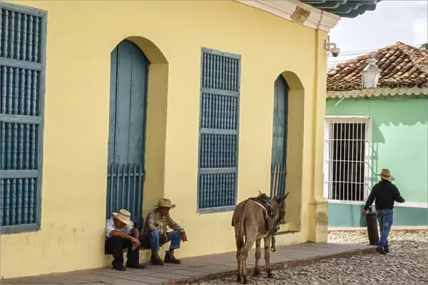 Elderly men sitting with donkey at the street, Trinidad, Sancti Spiritus Province