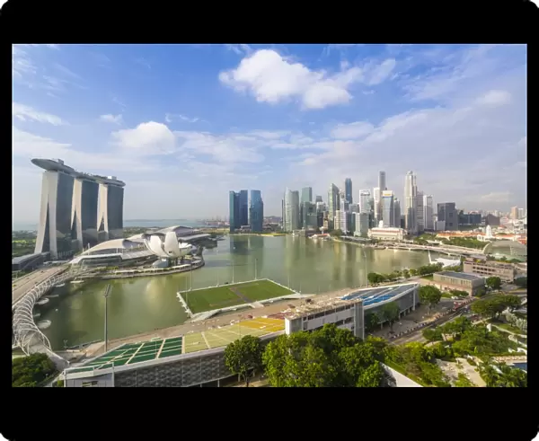 View over Singapore skyline around Marina Bay with Marina Bay Sands, ArtScience Museum