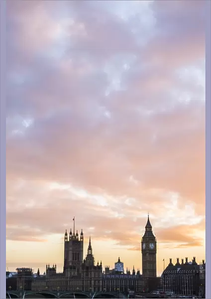 Big Ben and Houses of Parliament at sunset, UNESCO World Heritage Site, London Borough