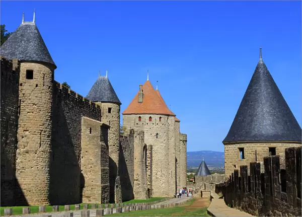 La Cite, battlements and spiky turrets from Les Lices, Carcassonne, UNESCO World Heritage Site