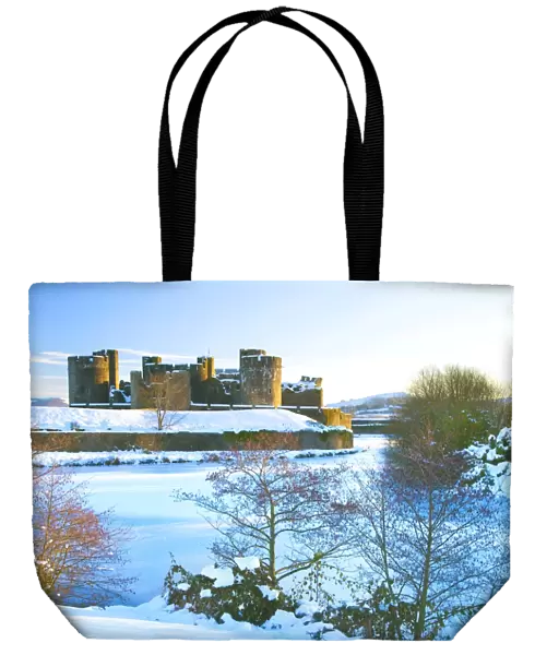 Caerphilly Castle in snow, Caerphilly, near Cardiff, Gwent, Wales, United Kingdom, Europe