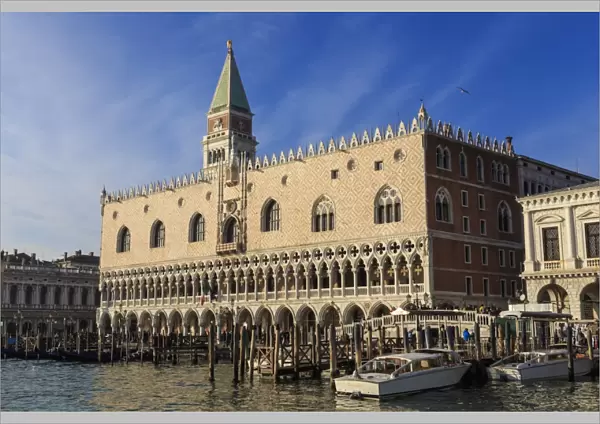 San Marco waterfront bathed in afternoon sun, Campanile and Doges Palace, Venice