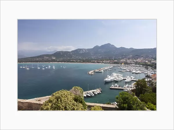 View of the harbor in the bay surrounded by the turquoise sea, Calvi, Balagne Region