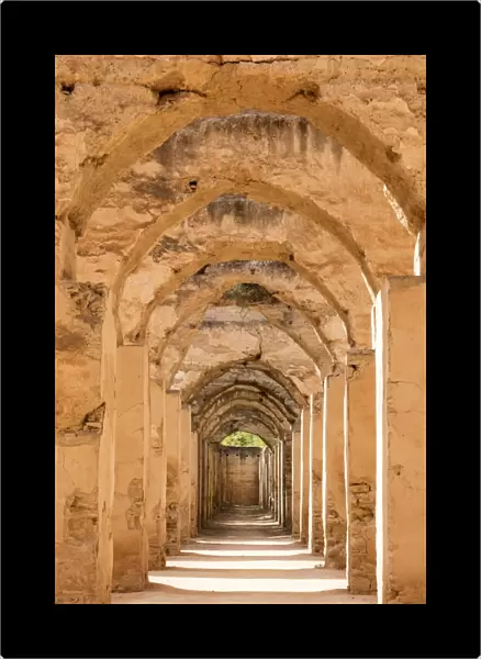 Arches inside Hri Souani, the Royal Stables of Moulay Ismail, Meknes, Morocco, North Africa