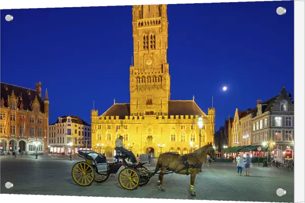 The 13th century Belfort van Brugge belfry tower on the Markt square, at dusk, Bruges (Brugge)