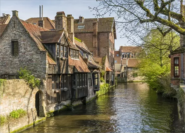 Typical houses on water canal, Bruges, West Flanders province, Flemish region, Belgium