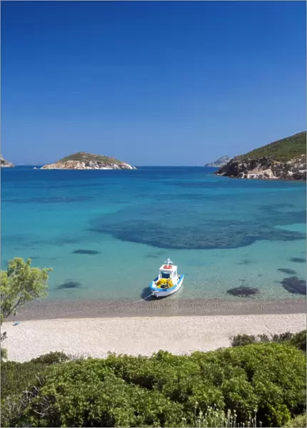 Fishing boat moored on the beach, Patmos Island, Dodecandese, Greek Islands, Greece