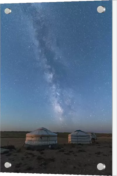 Mongolian traditional gers under the Milky Way, Ulziit, Middle Gobi province, Mongolia