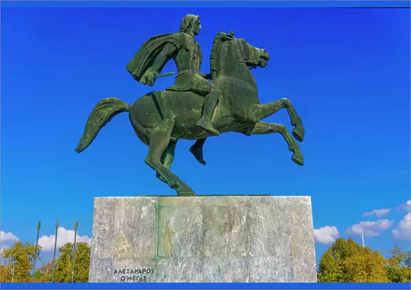 Statue of Alexander The Great on Bucephalus horse at the city waterfront, Thessaloniki