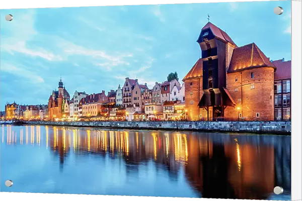Motlawa River and Medieval Port Crane Zuraw at twilight, Old Town, Gdansk, Pomeranian Voivodeship