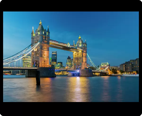 Tower Bridge over River Thames, City of London skyline including Cheesegrater