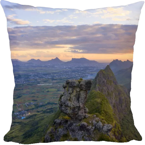 Le Pouce mountain during the African sunset, aerial view, Moka Range, Port Louis