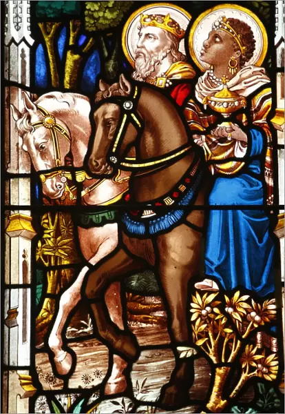 Three Wise Men on horses bearing gifts, 19th century stained glass in St