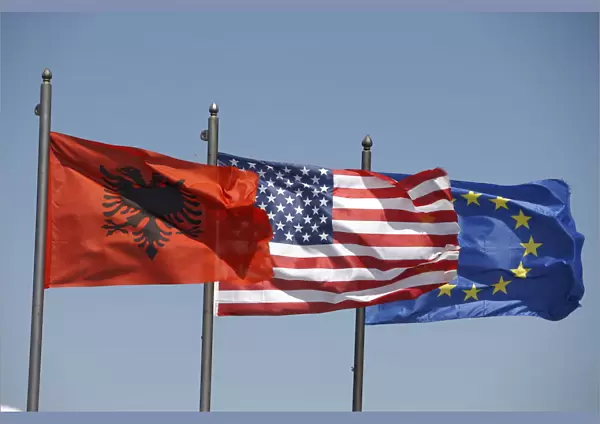 Albanian, American and European flags, Vlora, Albania, Europe