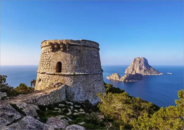 Torre des Savinar and Es Vedra Island, Ibiza, Balearic Islands, Spain, Mediterranean