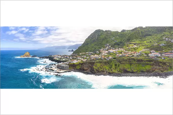 Aerial panoramic view of the seaside town and natural pools of Porto Moniz
