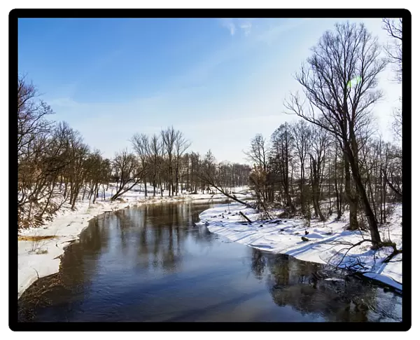 River Wieprz at winter time, elevated view, Serniki, Lublin Voivodeship, Poland, Europe