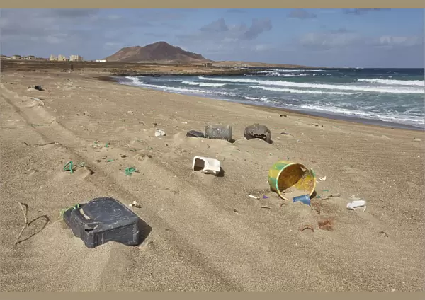 Plastic pollution on the beach at Baia Parda, east coast of Sal, Cape Verde Islands, Atlantic, Africa