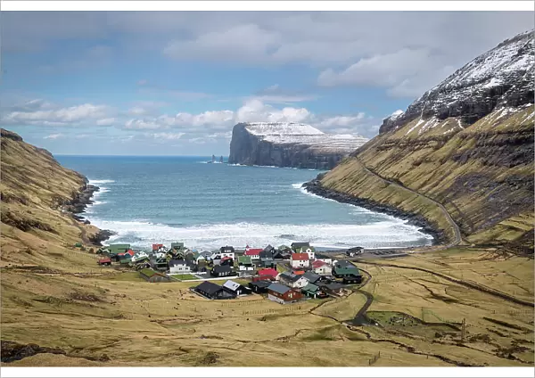 View of Tjornuvik village and bay, Streymoy Island, Faroe Islands, Denmark, Europe