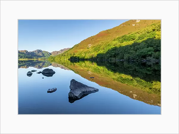 Morning lake reflections, Llyn Crafnant, Snowdonia National Park, Wales, United Kingdom, Europe