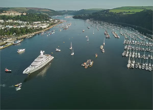 An aerial view of the estuary of the River Dart, with the towns of Dartmouth on the left and Kingswear on the right, south coast of Devon, England, United Kingdom, Europe