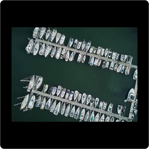 An aerial view looking straight down of yachts tied up in the Dart Marina, on the River Dart, Kingswear, on the south coast of Devon, England, United Kingdom, Europe